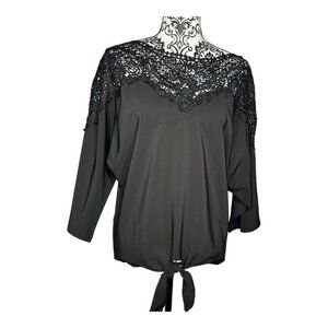 NWT Anna-Kaci Black Lace Trim Blouse with Tie Size M